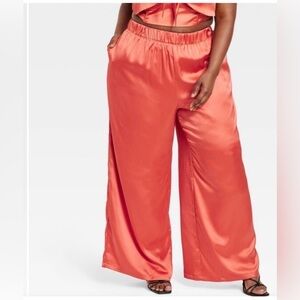 Satin Wide-Leg Pants in Coral